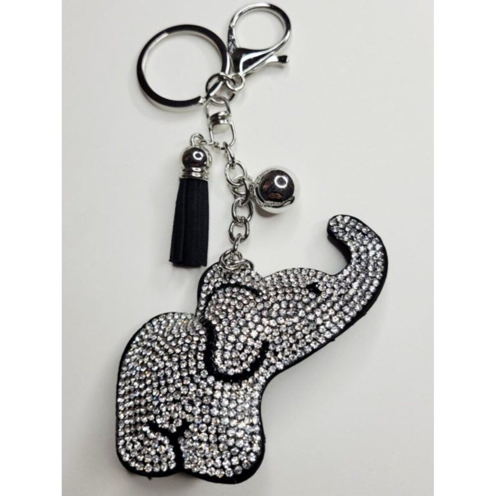NWT Big Black And Silver Sparkle Elephant Keychain Purse Charm With Tassel